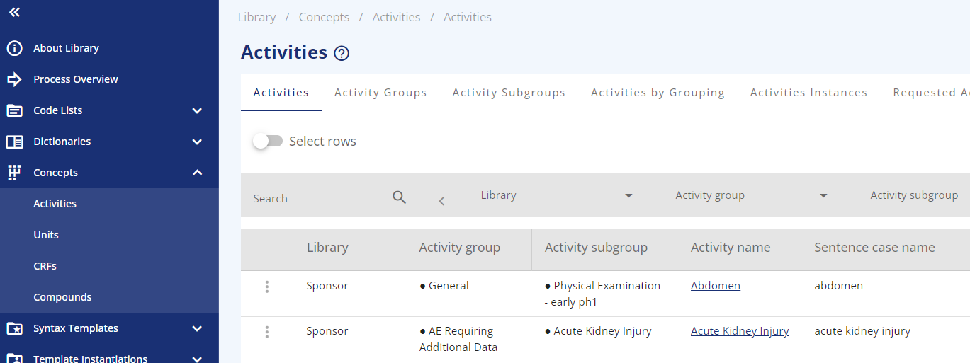 OpenStudyBuilder view of activities
