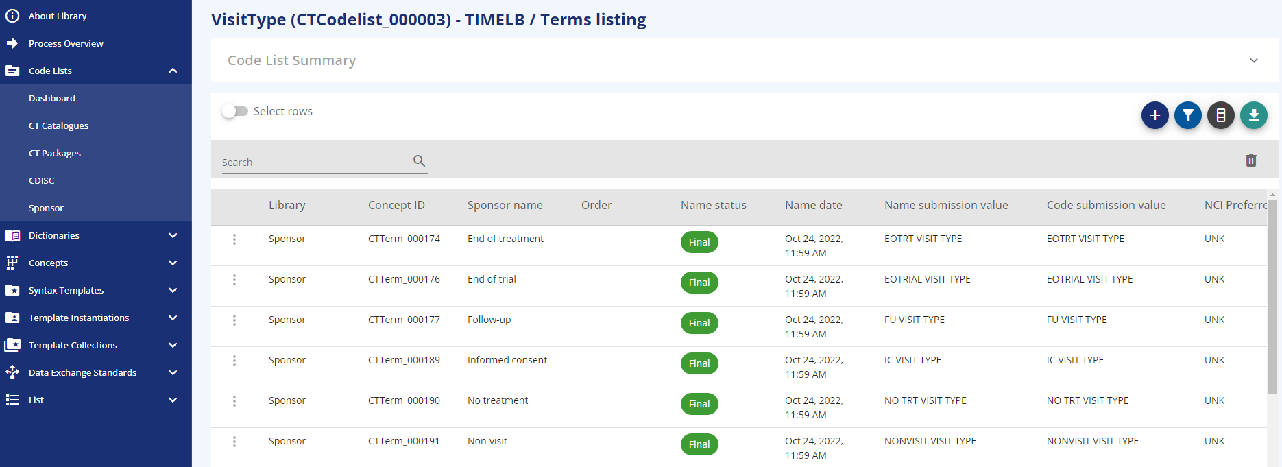 Screenshot for VisitType sponsor specific codelist