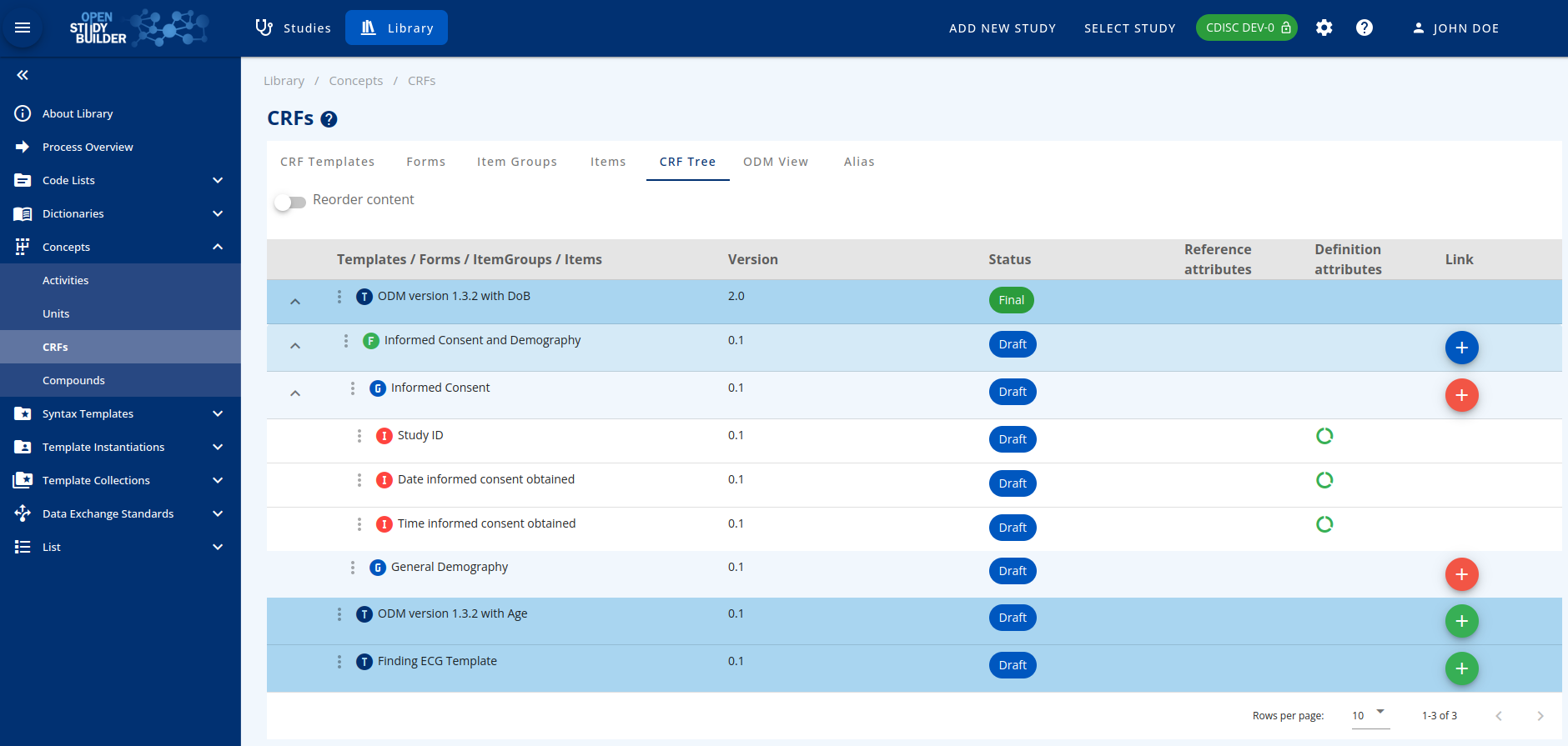 Screenshot of the CRF Tree in the OpenStudyBuilder