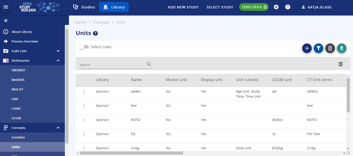 Screenshot of the library part from the OpenStudyBuilder