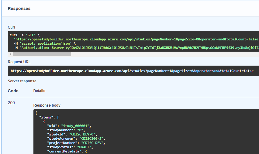 Screenshot for API usage - get a study
