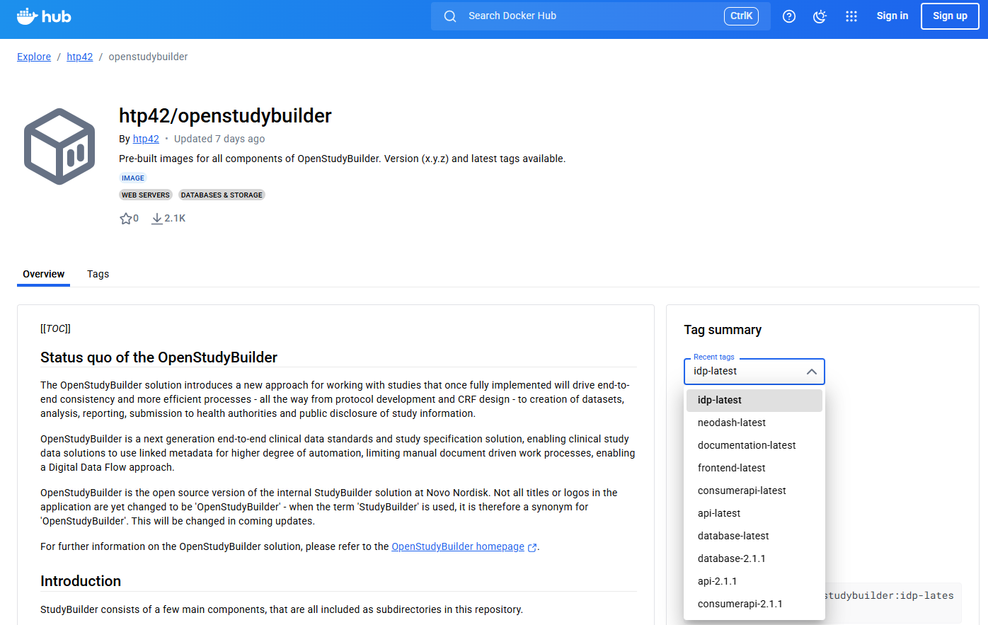 Screenshot from Docker Hub containing OpenStudyBuilder Images